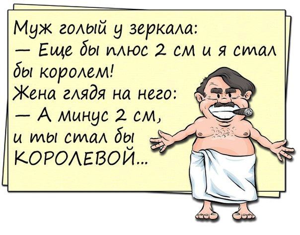Муж гОАЫй у зеркала Еще бы мюс 2 см и я ста бы кораюм Жена гАядя на него А минус 2 см и мы сима бы КОРОАЕВОЙ