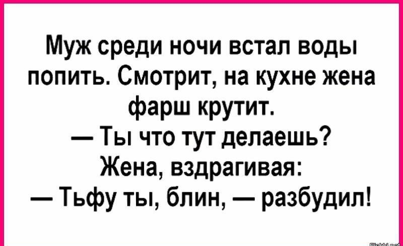 Муж среди ночи встал воды попить Смотрит на кухне жена фарш крутит Ты что тут делаешь Жена вздрагивая Тьфу ты блин разбудил