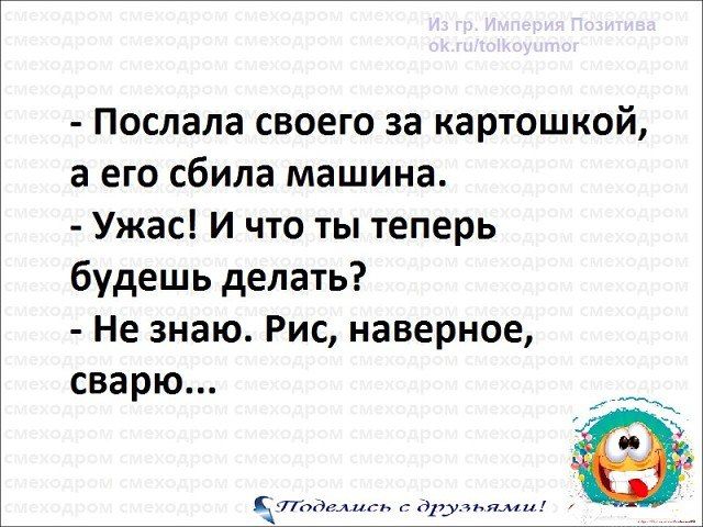Послала своего за картошкой а его сбила машина Ужас И что ты теперь будешь делать Не знаю Рис наверное сварю ал