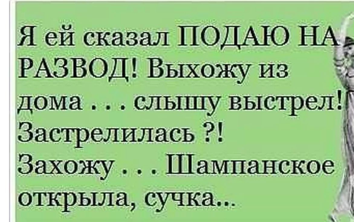 Я ей сказал ПОДАЮ НА РАЗВОД Выхожу из дома слышу выстрел Застрелилась Захожу Шампанское открыла сучка