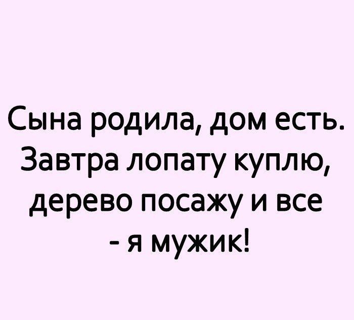 Сына родила дом есть Завтра лопату куплю дерево посажу и все я мужик