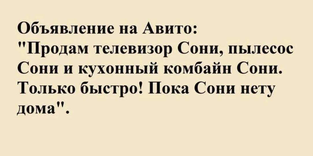 Объявление на Авито Продам телевизор Сони пылесос Сони и кухонный комбайн Сони Только быстра Пока Сони нету дома