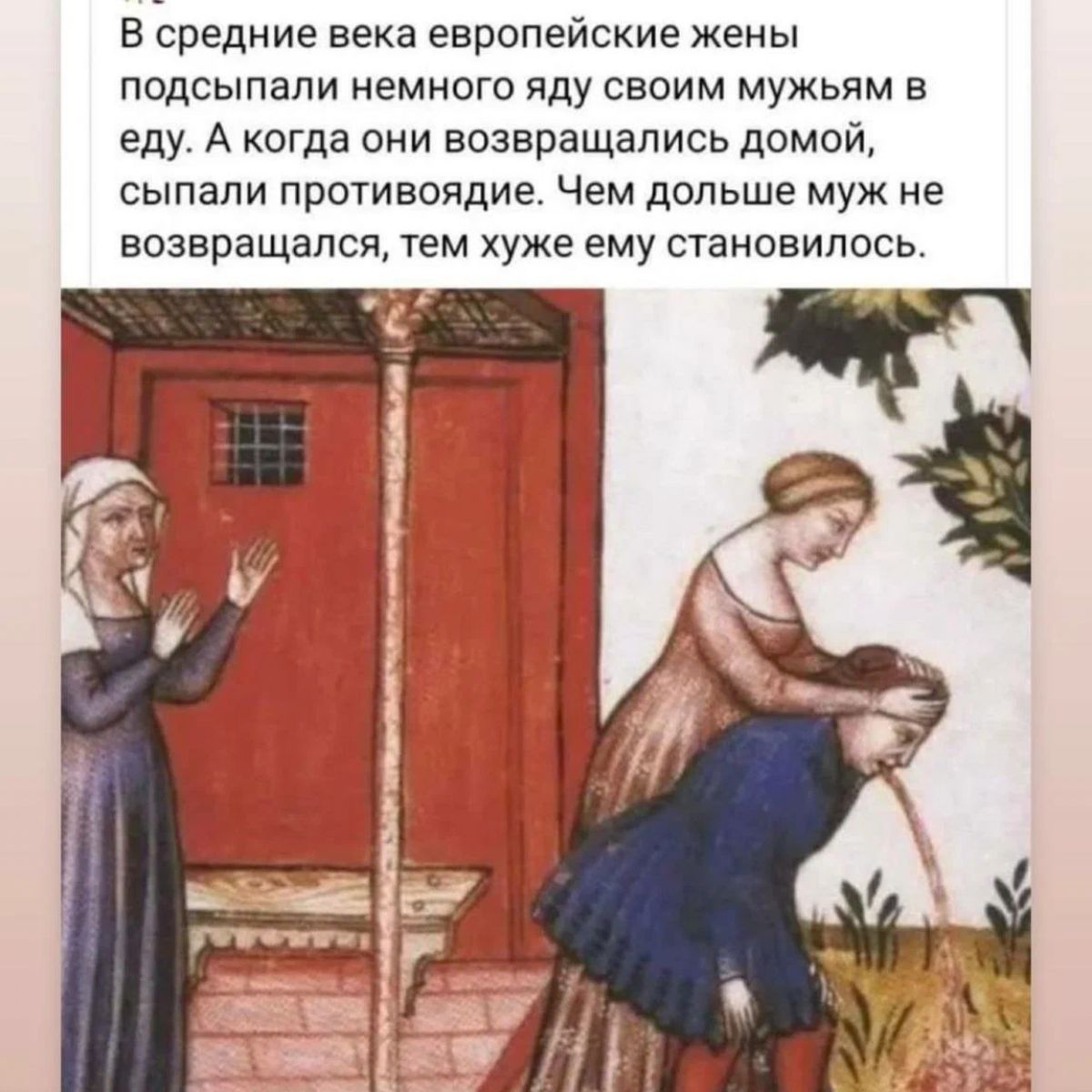 в средние века европейские жены ппдсыпапи немного яду своим мужьям в еду А когда они возвращались домой сыпапи противоядие Чем дольше муж не возвращался тем хуже ему становилось