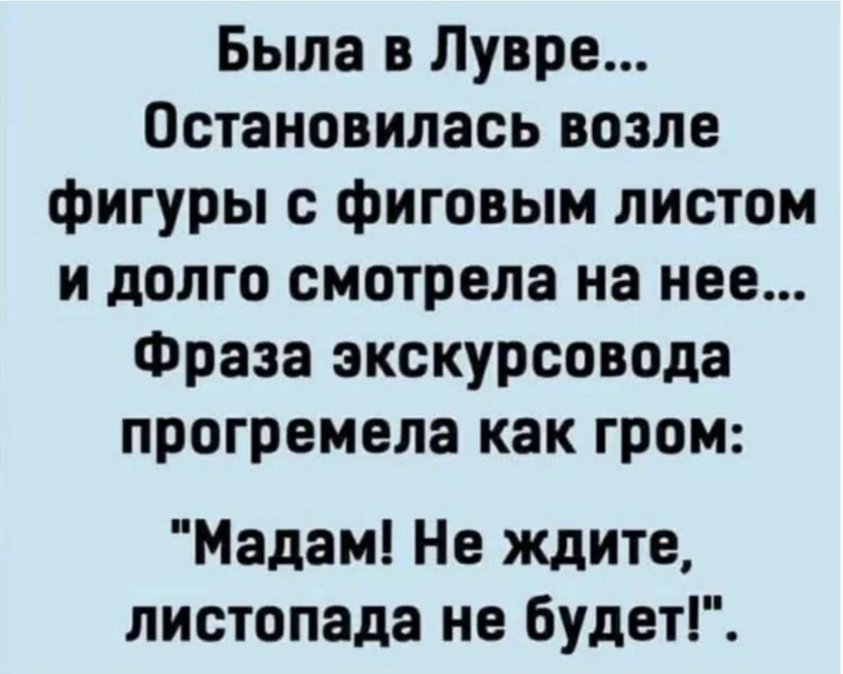 Была в Лувре Остановилась возле фигуры с фиговым листом и долго смотрела на нее Фраза экскурсовода прогремела как гром Мадам Не ждите листопада не будет