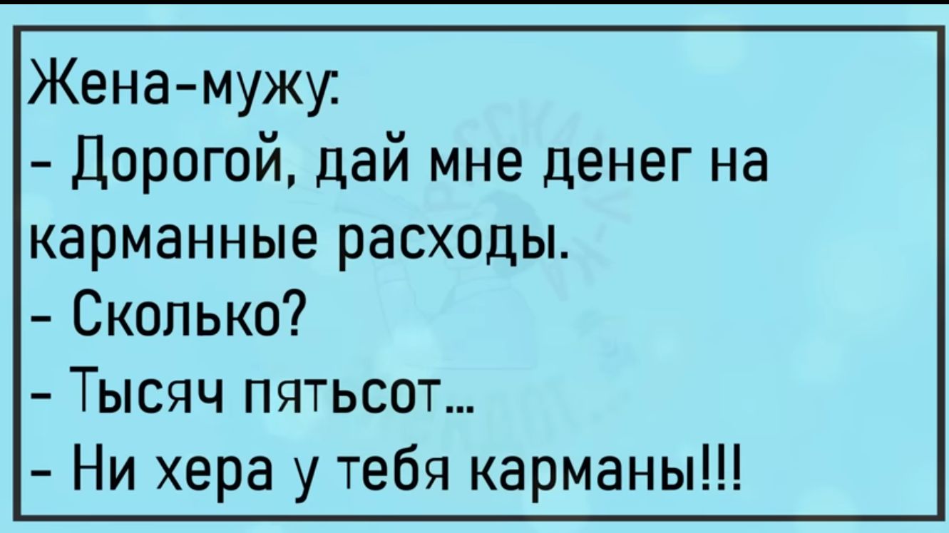 Жена мужи Дорогой дай мне денег на карманные расходы Сколько Тысяч пятьсот Ни хера у тебя карманы