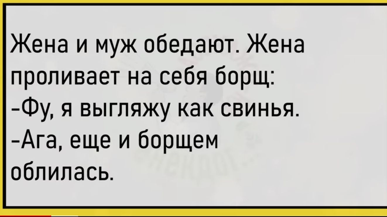 Жена и муж обедают Жена проливает на себя борщ Фу я выгляжу как свинья Ага еще и борщем обпилась