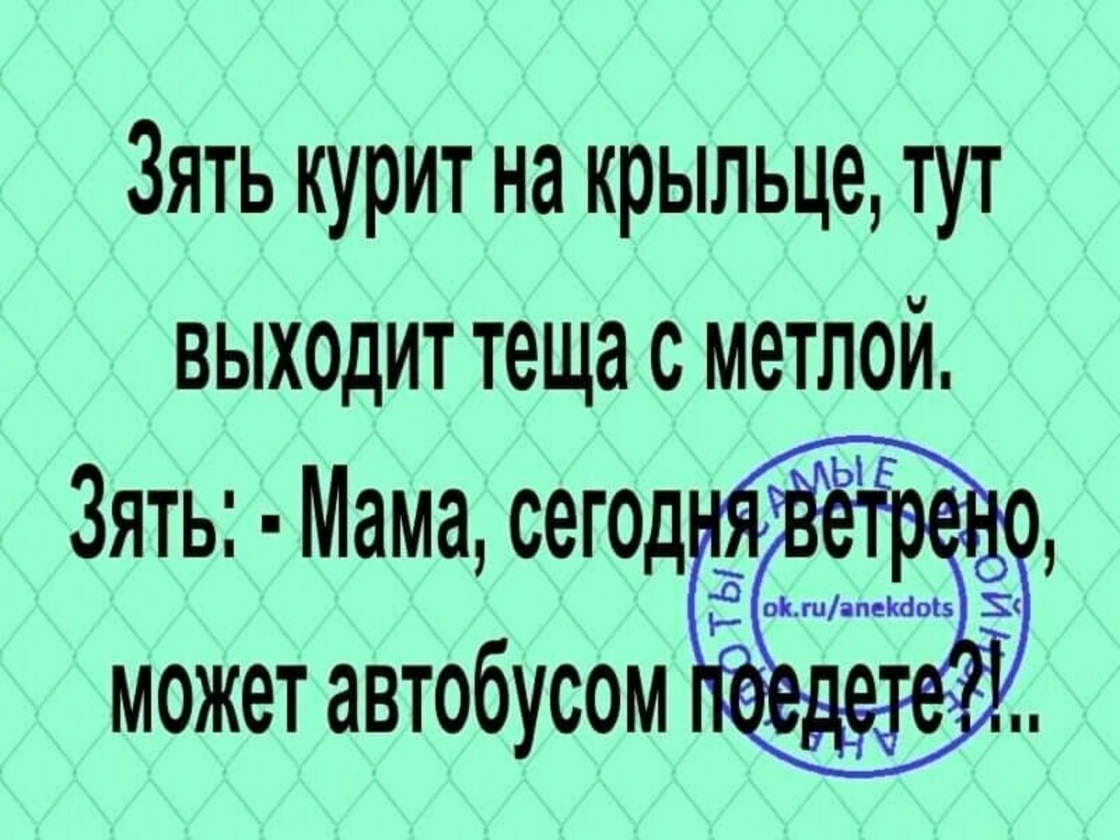 Зять курит на крыльце тут ВЫХОДИТ теща с метлой Зять Мама сеюд в __ может автобусом