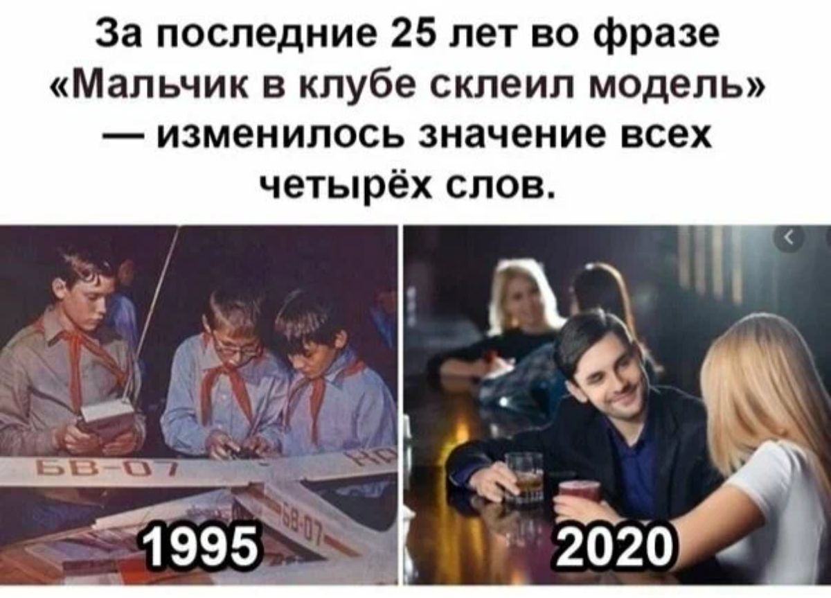За последние 25 лет во фразе Мальчик в клубе скпеип модель изменилось значение всех четырёх слов