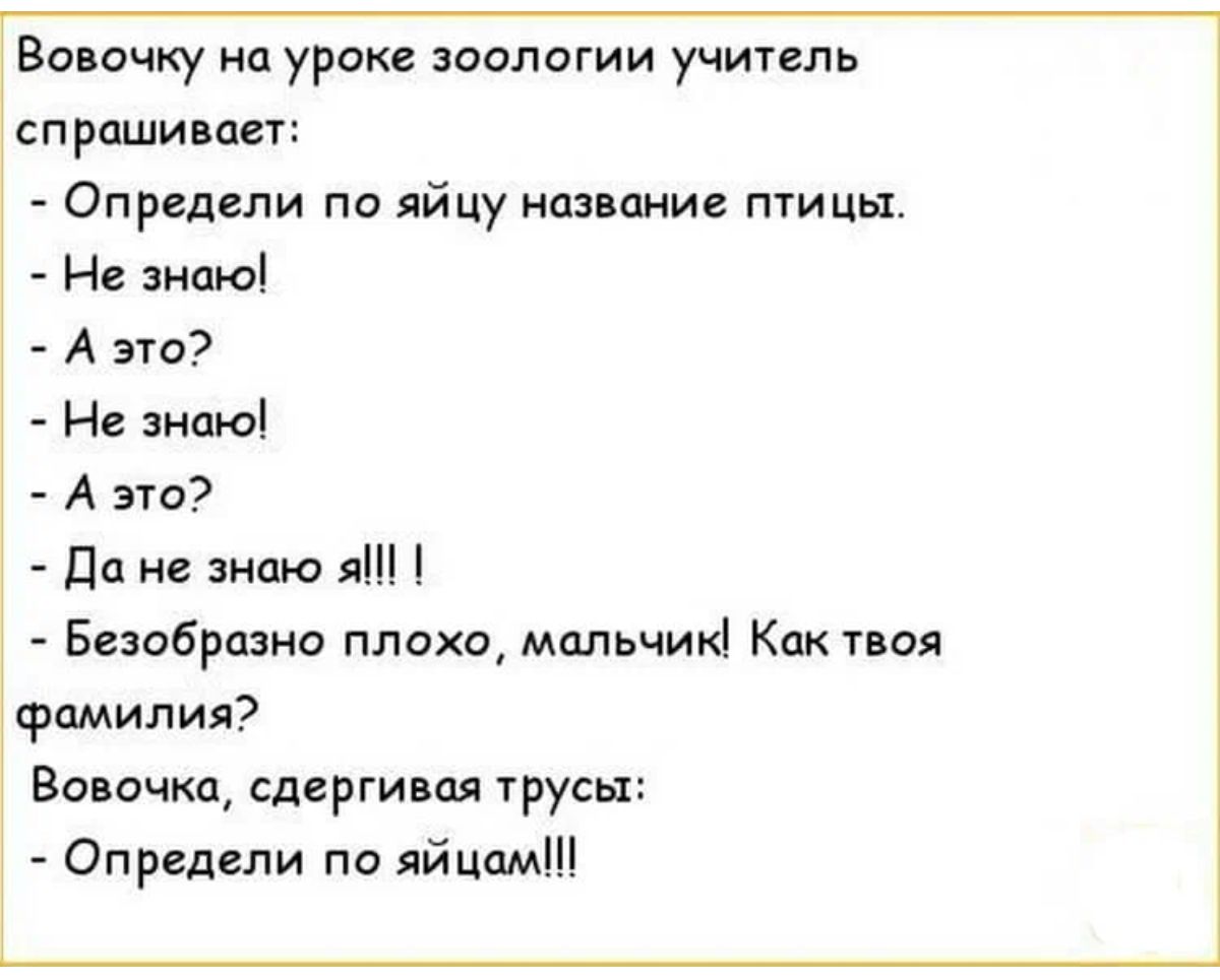 Вовочку нп уроке оолоуии учитель спрашивает Опрндели по яйцу название птицы Не знаю А это Н знаю А это да не знаю я Бобразио плохо мплъчикі Как ноя фамилия Вовочка сдергивая трусы Опрвдели по яйцам