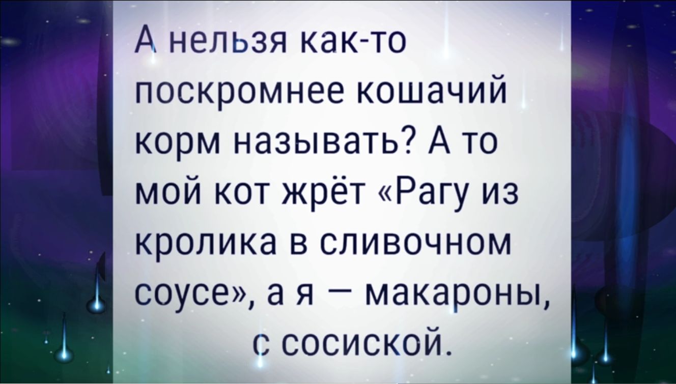А нельзя как то поскромнее кошачий корм называть А то мой кот жрёт Рагу из кролика в сливочном соусе а я макароны сосиской