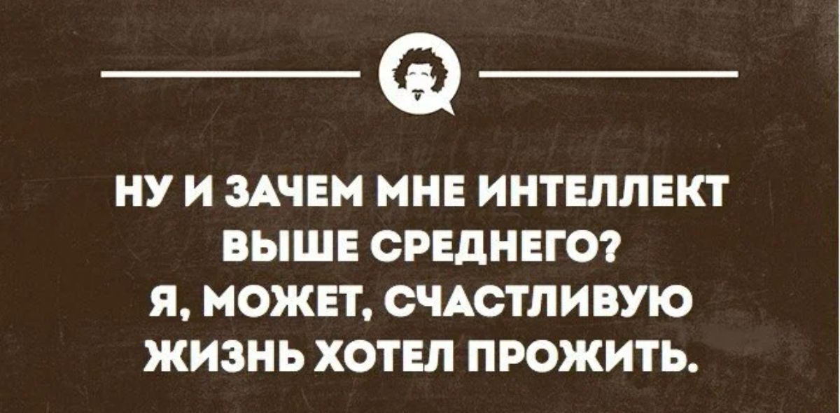 НУ И ЗАЧЕМ МНЕ ИНТЕЛЛЕКТ ВЫШЕ СРЕДНЕГО Я МОЖЕТ СЧАСТЛИВУЮ ЖИЗНЬ ХОТЕЛ ПРОЖИТЬ