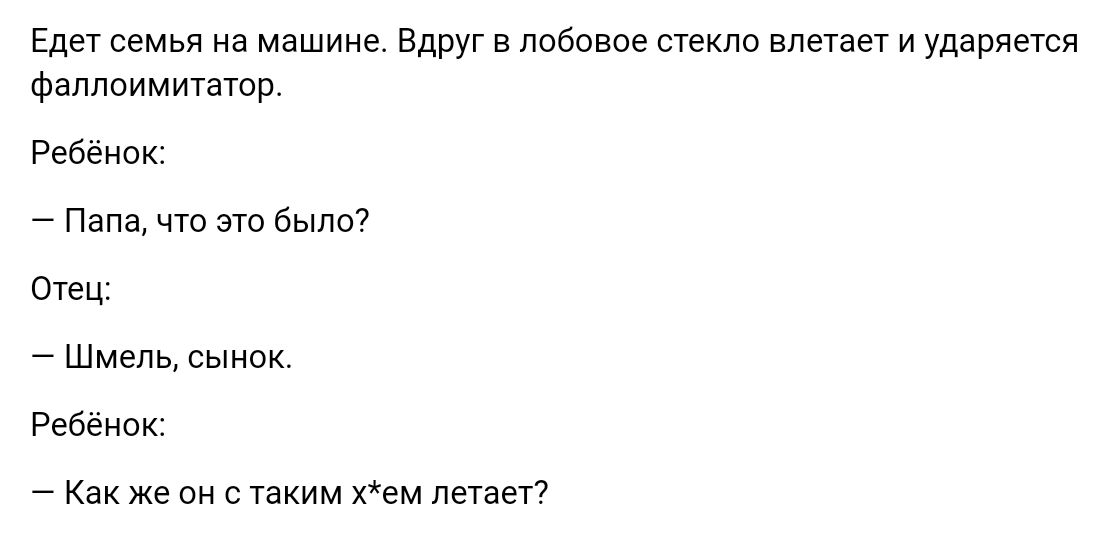 Еды семья на машине Вдруг в лобовое стекла влетает и ударяется фаллоимитюр Ребенок Папа чю это было от Шмель сынок Ребенок Как же он с таким хем летает