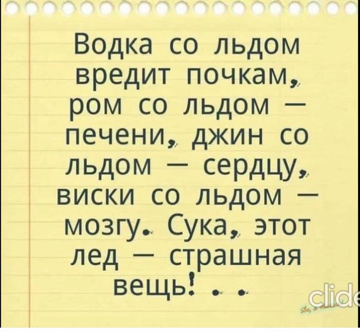 Водка со льдом вредит почкам ром со льдом печени джин со льдом сердцу виски со льдом мозгу Сука этот лед страшная вещь