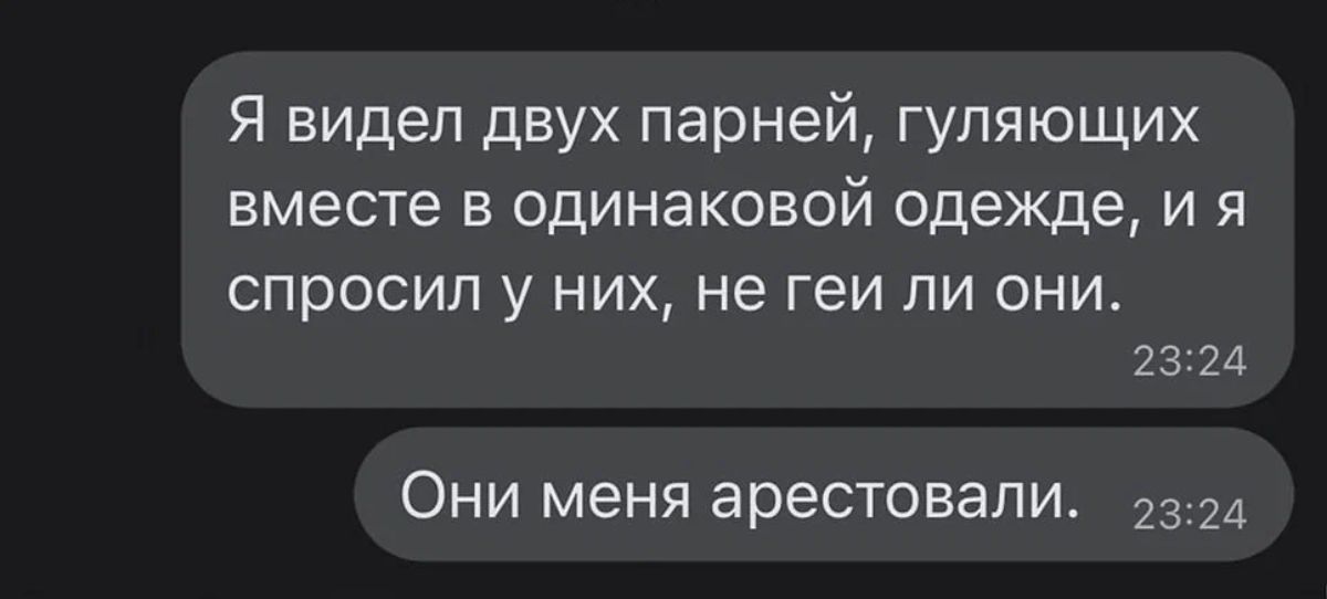 Я видел двух парней гуляющих вместе в одинаковой одежде и я СПрОСИЛ У НИХ не геи ПИ ОНИ 23 24 ОНИ меня арестовали 23 24