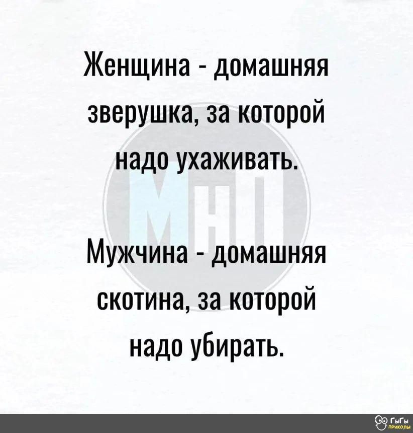 Женщина домашняя зверушка за которой надо ухаживать Мужчина домашняя скотина за которой надо убирать