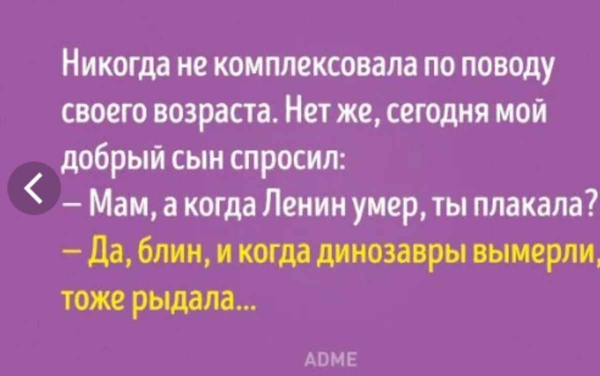 Никогда не комплексовала по поводу своею возраста Нет же сегодня мой добрый сын спросил Мам а когда Ленин умер ты плакала Да блин и когда динозавры вымерли тоже рыдала шнг
