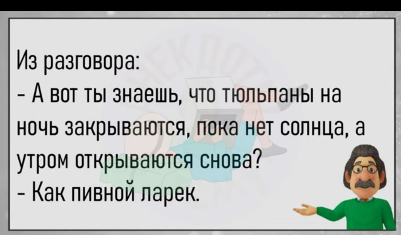 Из разговора А вот ты знаешь что тюльпаны на ночь закрываются пока нет солнца а утром открываются снова Как пивной ларек