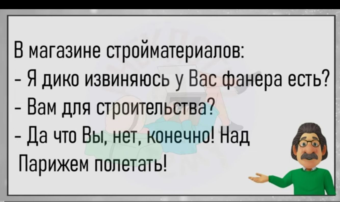 В магазине стройматериалов Я дико извиняюсь у Вас фанера есть Вам для строительства Да что Вы нет конечно Над Парижем полетать