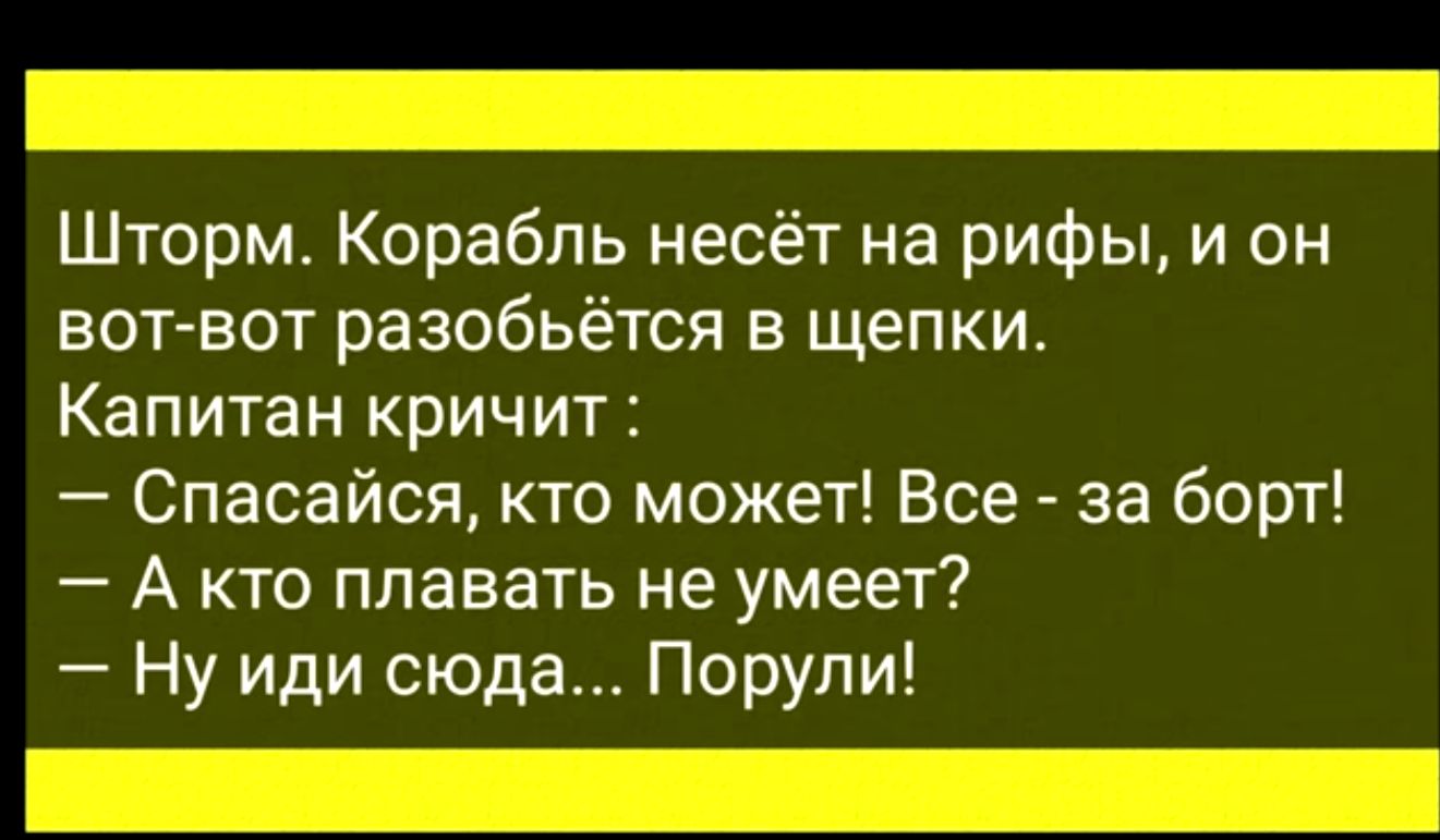 Шторм Корабль несёт на рифы и он вот вот разобьётся в щепки Капитан кричит Спасайся кто может Все за борт А кто плавать не умеет Ну иди сюда Порупи