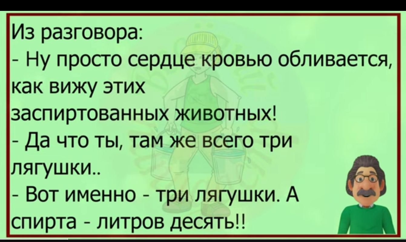 Из разговора Ну просто сердце кровью обливается КВК ВИЖУ ЭТИХ ЗВСПИРТОВЗННЫХ ЖИВОТНЫХ Да что ты там же всего три лягушки Вот именно три лягушки А спирта литров десять