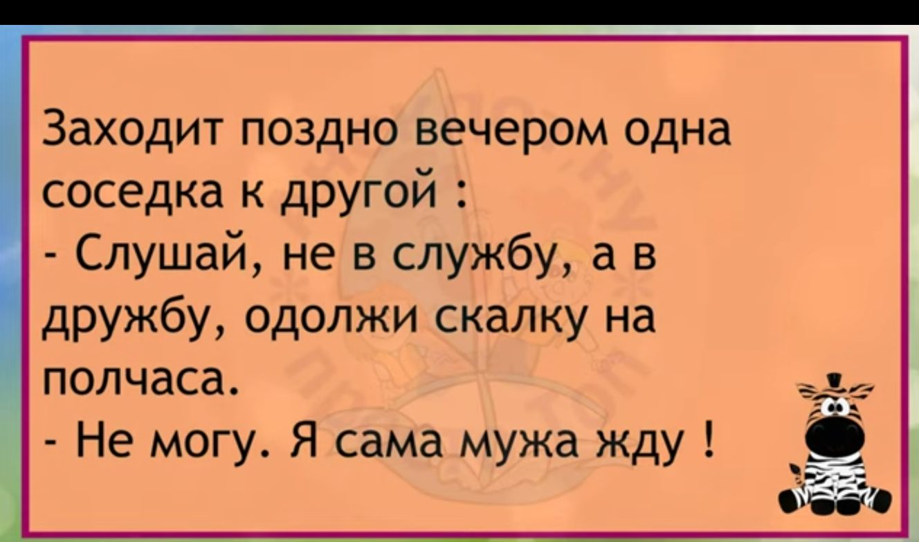 Заходит поздно вечером одна соседка другой дружбу одолжи скалку на полчаса Не могу Я сама мужа жду