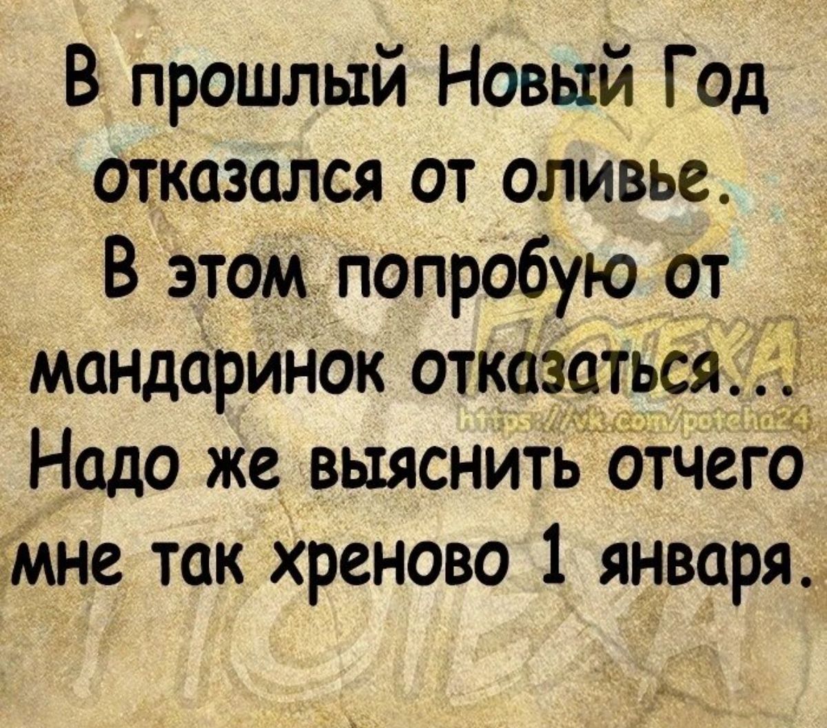 В прошлый Новый Год отказался от оливье В этом попробую от мандаринок отказаться в Надо же выяснить отчего мне так хреново 1 января