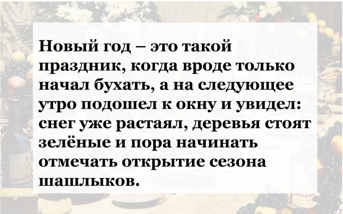 Новый год зтп такий праздник когда вроде только начал бухать на следующее угро подошел к окну и увидел снег уже растаял деревья стоят зелёные и пора начинать отмечать открытие сезона шашлыков