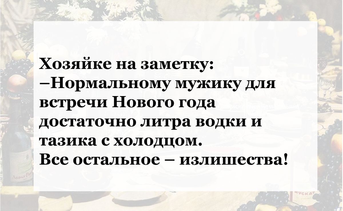 Хозяйке на заметку Нормалыюму мужику шт впречи Нового года достаточно литра водки и тазики с холодцом Все остальное А излишеств