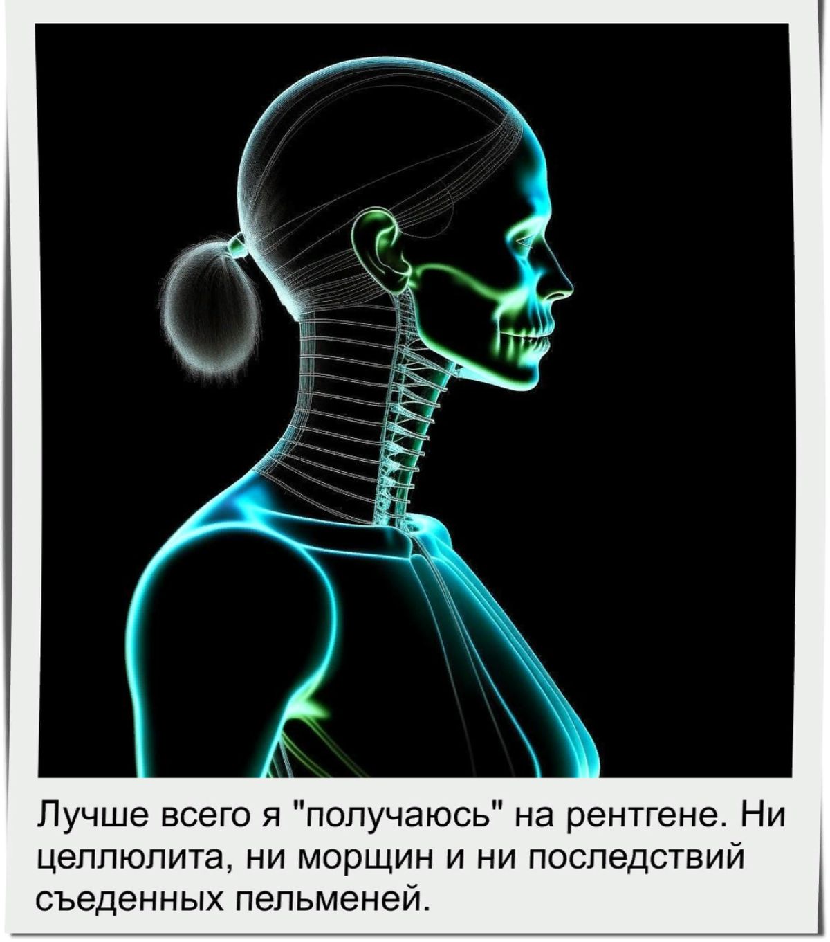 Лучше всею я получаюсь на рентгене Ни целлюлита ни морщин и ни последствий Съеденных пельменей