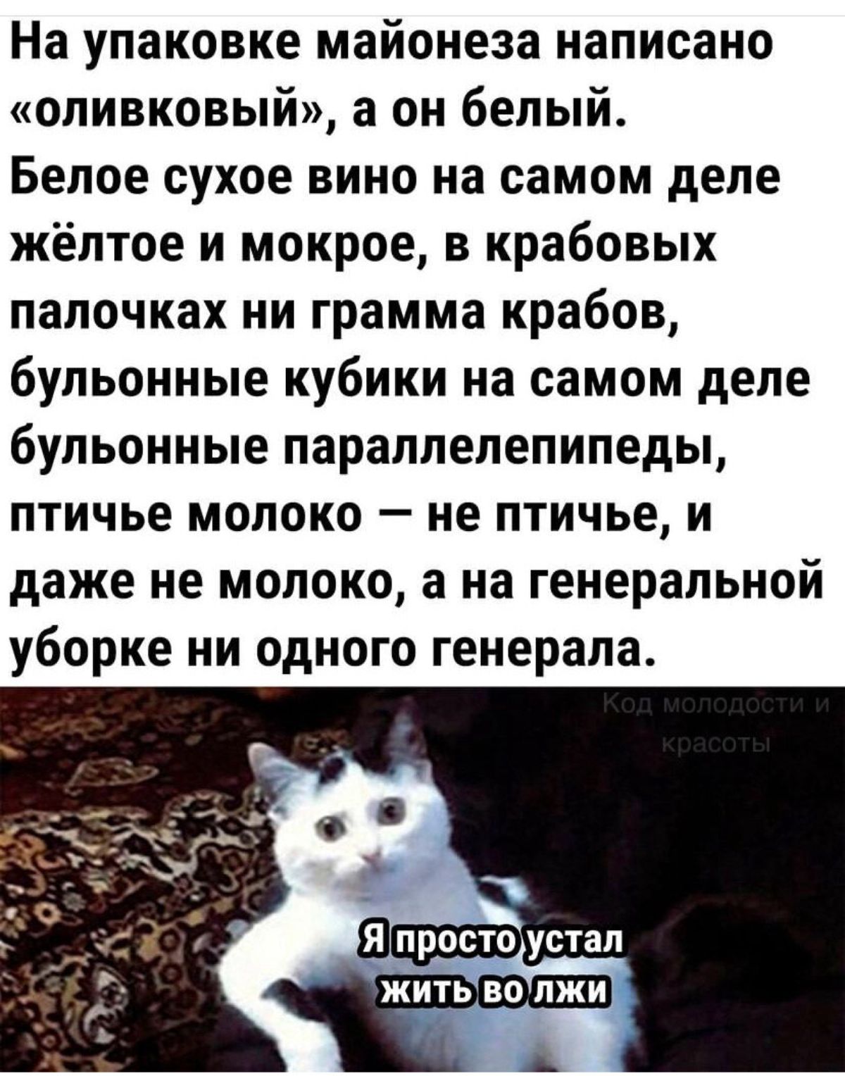 На упаковке майонеза написано оливковый а он белый Белое сухое вино на самом деле жёлтое и мокрое в крабовых папочках ни грамма крабов бульонные кубики на самом деле бульонные параплелепипеды птичье молоко не птичье и даже не молоко а на генеральной уборке ни одного генерала ЖИТЬ ВО лжи