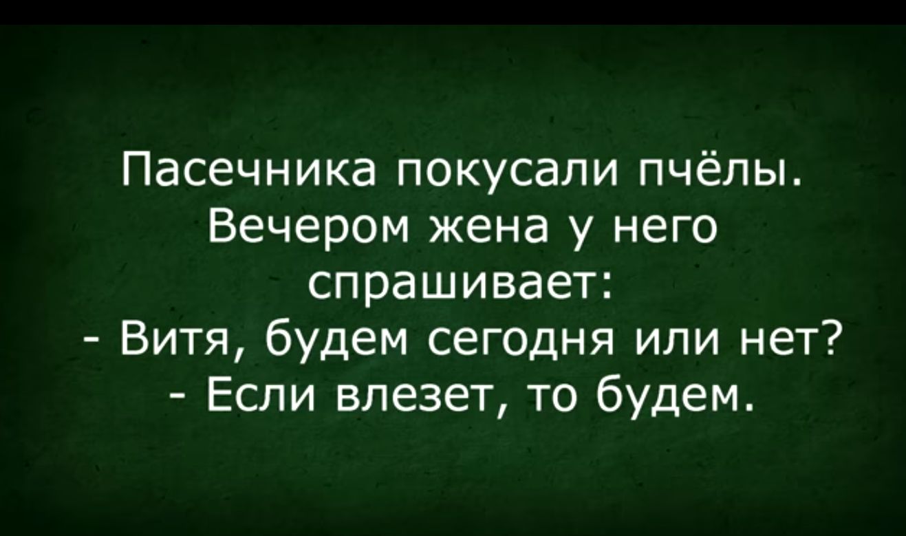 Пасечника покусали пчёлы Вечером жена у него спрашивает Витя будем сегодня или нет Еспи влезет то будем