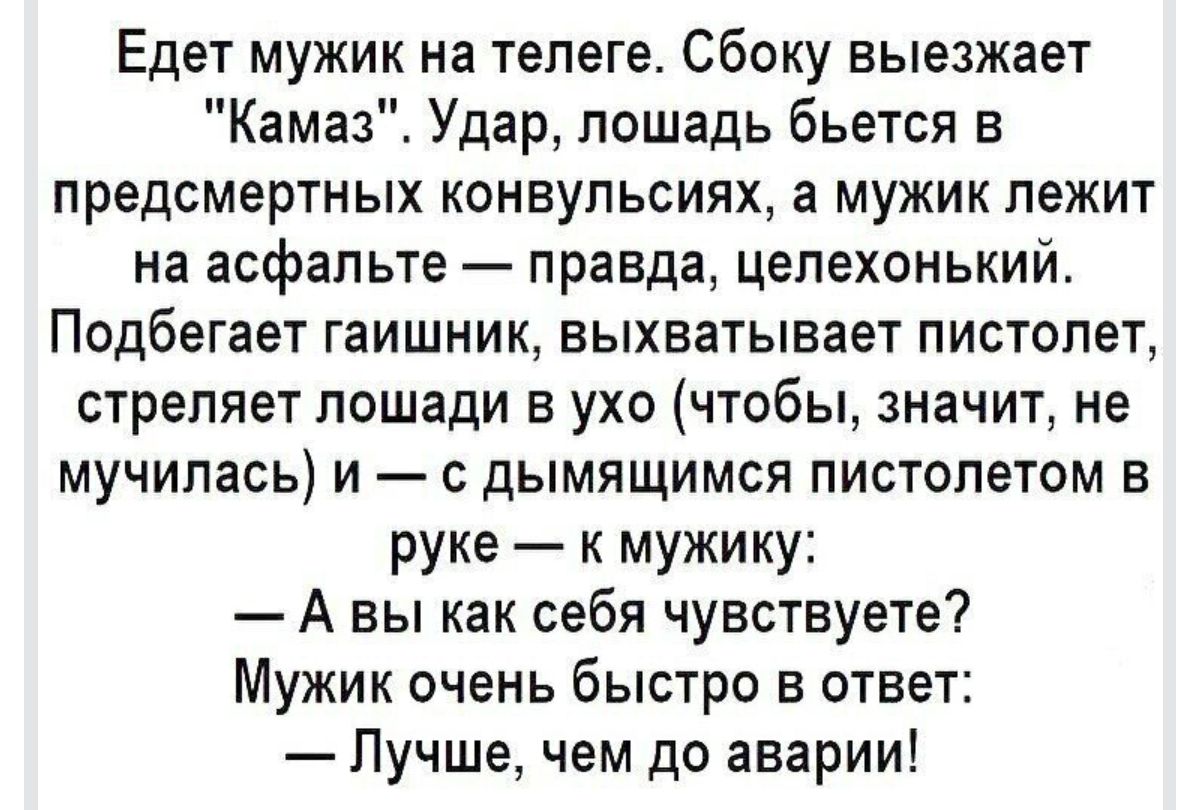 Едет мужик на телеге Сбоку выезжает Кама Удар лошадь бьется в предсмертных конвульсиях а мужик лежит на асфальте правда целехонькийе Подбегает гаишник выхватывает пистолет стреляет лошади в ухо чтобы значит не мучилась и с дымящимся пистолетом в руке к мужику А вы как себя чувствуете Мужик очень быстро в ответ Лучше чем до аварии