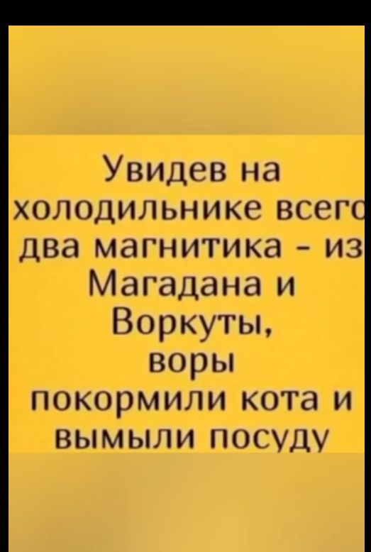 Увидев на холодильнике всег_ два магнитика из Магадана и Воркуты воры покормили кота и вымыли посуду