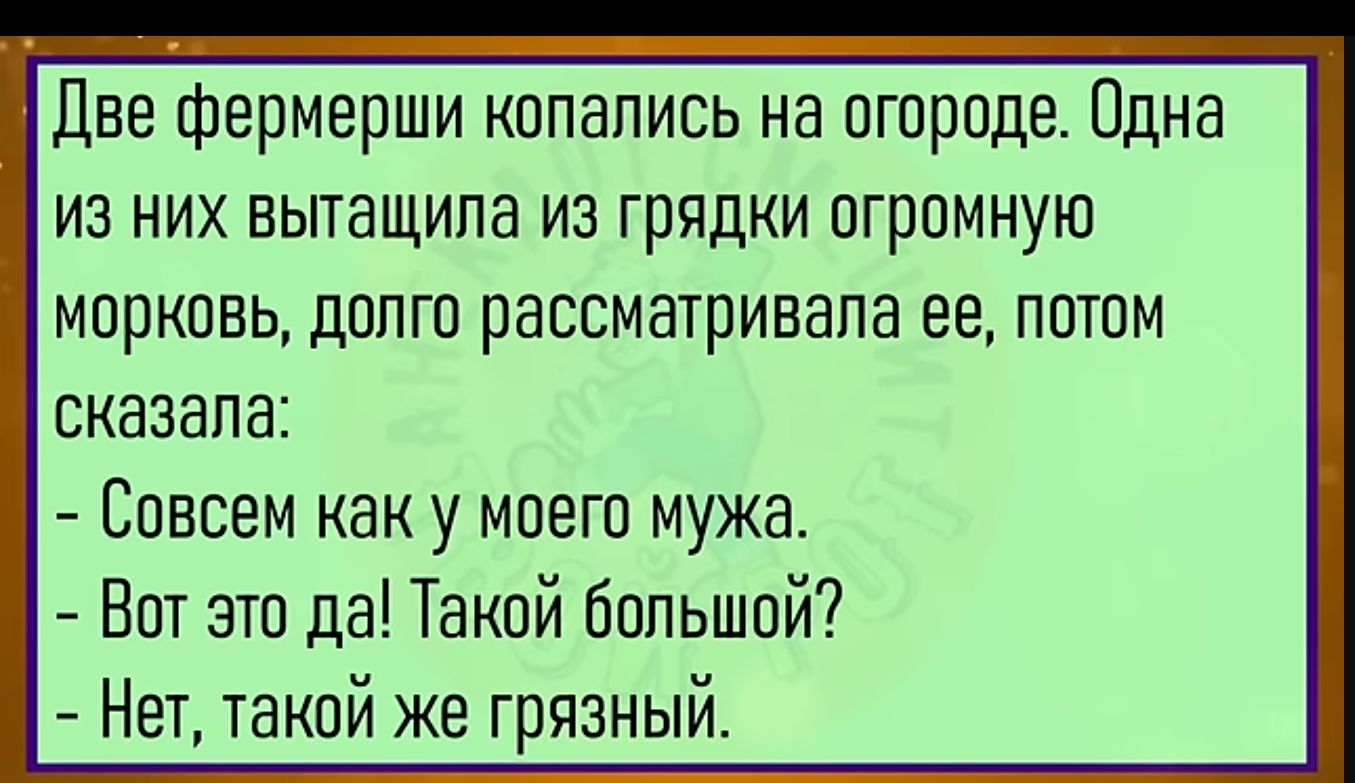 Две фермерши копапись на огороде Пдна из них вытащила из грядки огромную морковь допго рассматривала ве потом сказала Совсем как у моего мужа Вот это да Такой большой Нет такой же грязный