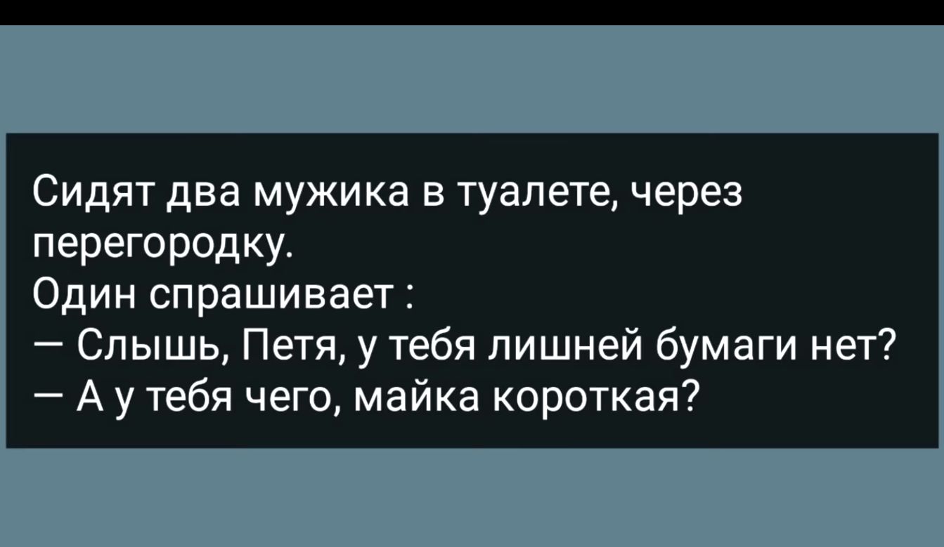 Сидят два мужика в туалете через перегородку Один спрашивает Слышь Петя утебя лишней бумаги нет А у тебя чего майка короткая