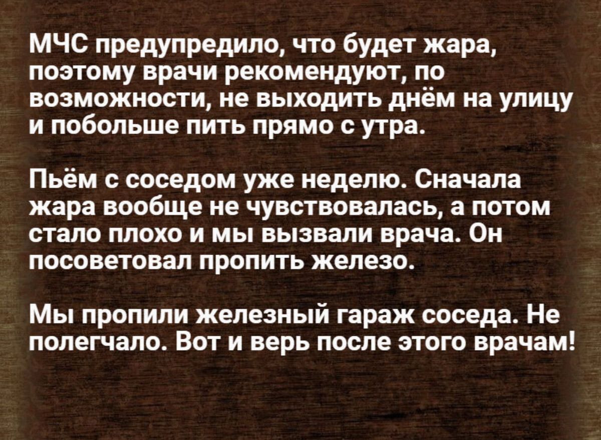 МЧС предупредили что будет жара поэтому врачи рекомендуют по возможности не выходить днём на улицу и побольше пить прямо с утра Пьём соседом уже неделю Сначала жара вообще не чувствовалась а потом стало плоко и мы вызвали врача Он посоветовал пропить железо Мы пропили железный гараж соседа Не полегчало Вот и верь после пого врачам