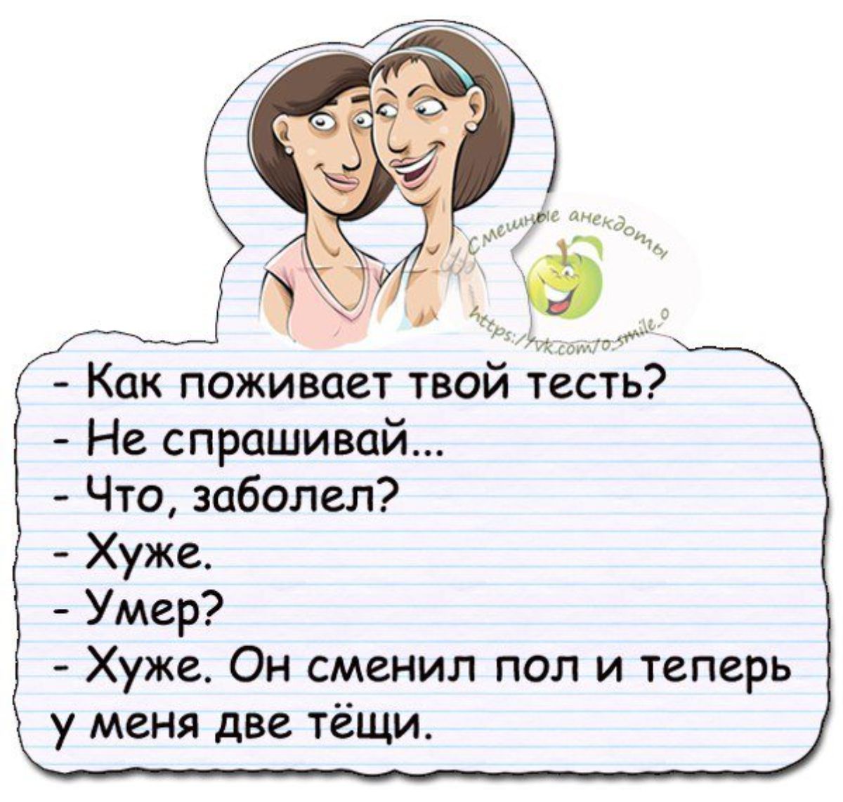 Как поживает твой тесть Не спрашивай Что заболел Хуже Умер Хуже Он сменил пол и теперь у меня две тёщи