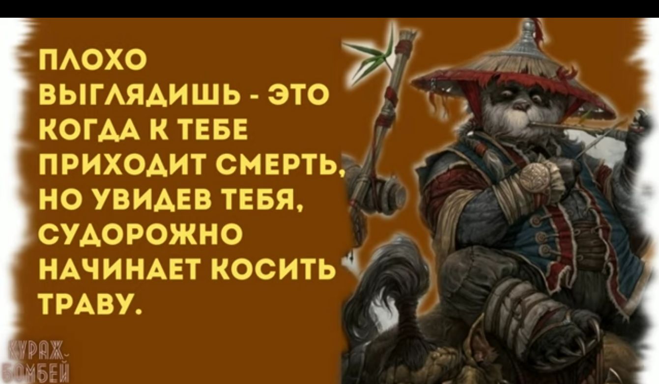 ПАОХО 1 _ ВЫГАЯАИШЬ это _ когм к тввв приходит смнрть но увидев тени сиорожио НАЧИНАЕТ коситьі ТРАВУ