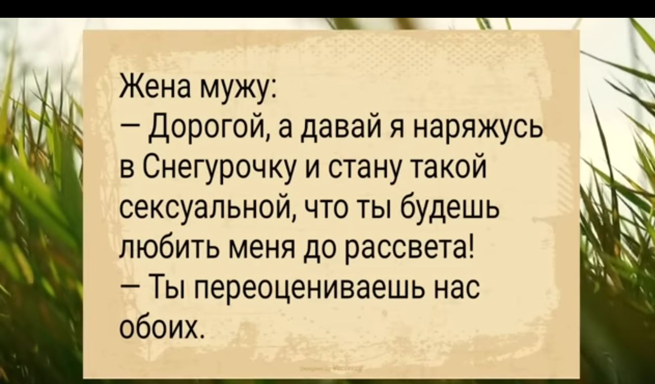 Жена мужу Дорогой а давай я наряжусь в Снегурочку и стану такой сексуальной что ты будешь любить меня до рассвета Ты переоцениваешь нас обоих