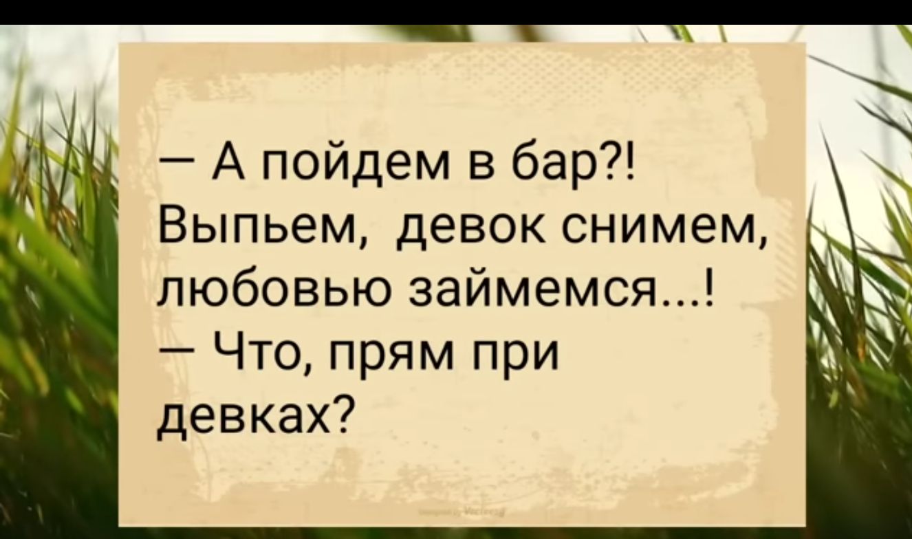 А пойдем в бар Выпьем девок снимем любовью займемся Что прям при девках