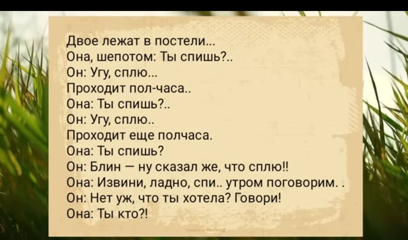 Двое лежат в постели Она шепотом Тыспишьч си Угу сплю Проходит подтчаса Она Ты спишь Он талию Проходит еще полчаса Она Гыспишь7 Блин ну сказал же чт сплю ома Извинщпадно спи утром поговарим вы Нет уж что ты хотела говорю Она Ты кто