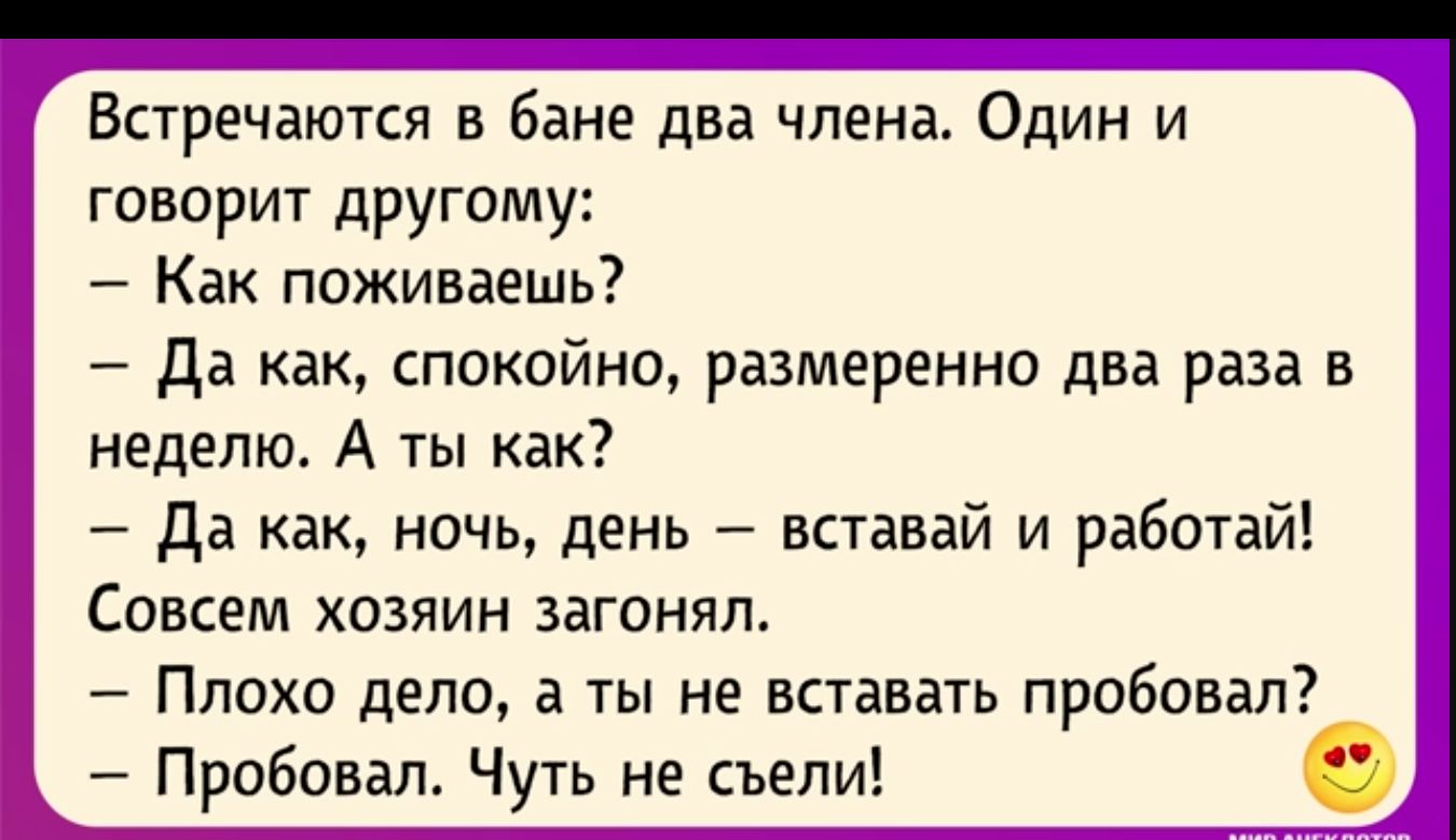 Встречаются в бане два члена Один и говорит другому Как поживаешь Да как спокойно размеренно два раза в неделю А ты как Да как ночь день вставай и работай Совсем хозяин загонял Плохо дело а ты не вставать пробовал Пробовал Чуть не съели