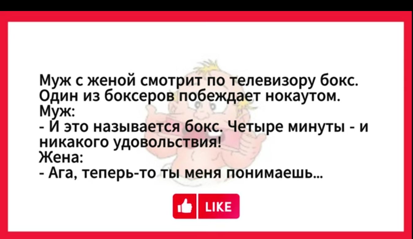 Муж с женой смотрит по телевизору бокс ади из боксеров побеждает нокаутом уж Й это называется бокс Четыре минуты и никакого удОВОЛЬСТБИЯ Жена Ага теперь то ты меня понимаешь ОЕЭ