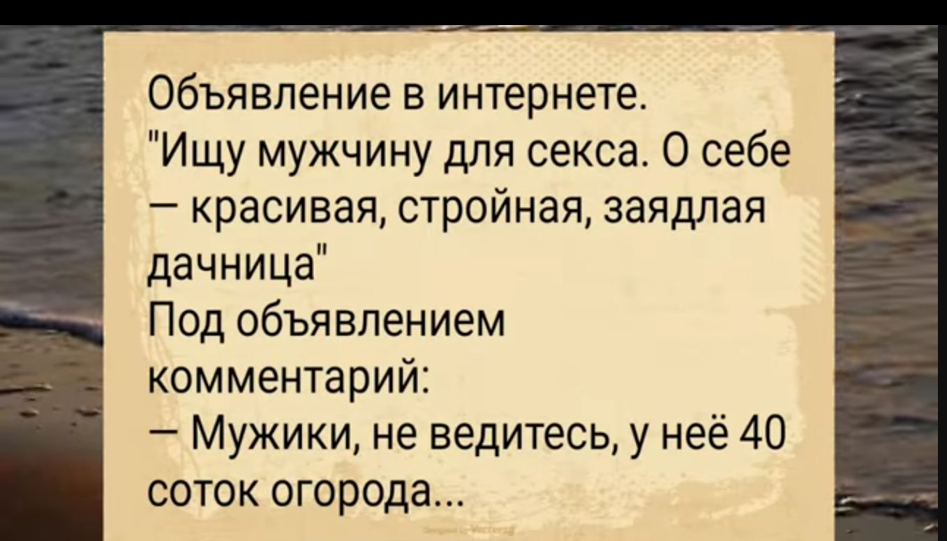 Объявление в интернете Ищу мужчину для секса О себе красивая стройная заядлая дачница Под объявлением комментарий Мужики не ведитесь у неё 40 соток огорода