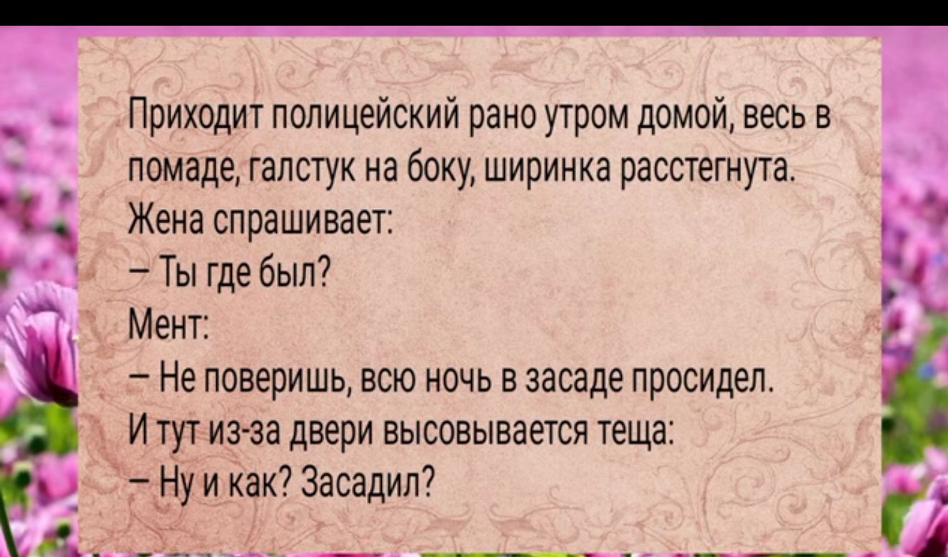 Приходит полицейский рано утром домой весь В помаде галстук на боку ширинка расстегнута Жена спрашивает Ты где был Мент Неповеришь всю ночь в засаде просидел Итутиз за двери высовывается теща Нуикак Засадил