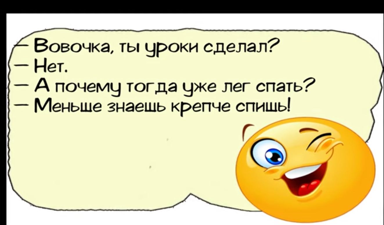 Вовочка ты уроки сделал Нет А почемчу тогда уже лег спать Меньше знаешь крепче спишь