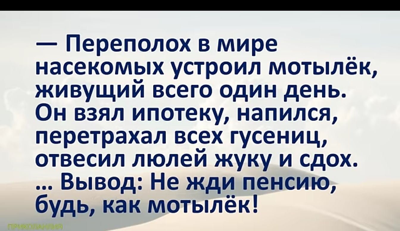 Переполох в мире насекомых устроил мотылёк живущий всего один день Он взял ипотеку напился перетрахал всех гусениц отвесил люлей жуку и сдох Вывод Не жди пенсию будь как мотылёк ВОЬ