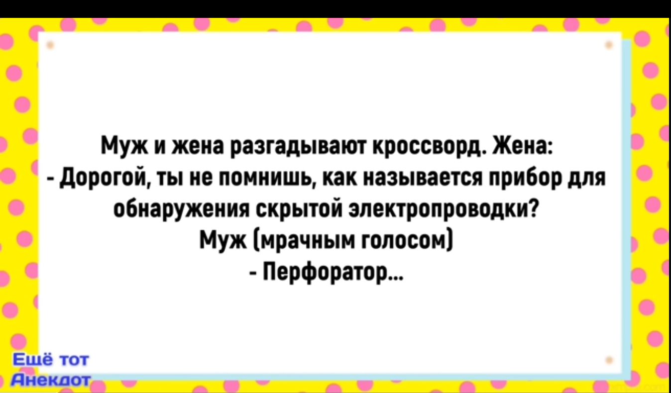 Муж и жена разгадывают кроссворд Жена Дорогой ты не помнишь как называется прибор для обнаружения скрытой электропроводки о Муж мрачным голосом Г Перфоратор р С е а Ешё тот