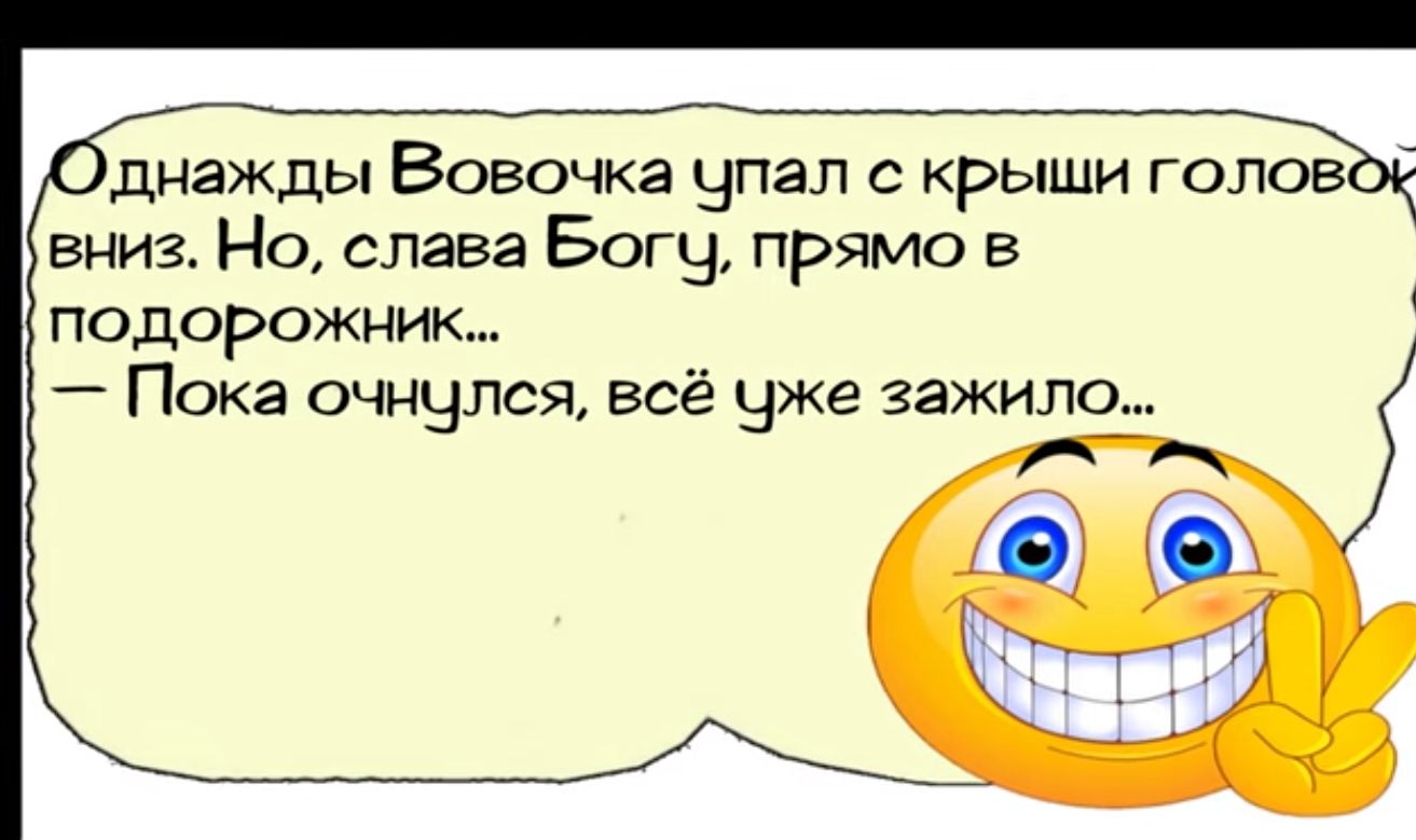 Однажды Вовочка чпал с крыши гок ениз Но слава Богу прямо в подорожник Пока очнулся всё уже зажило