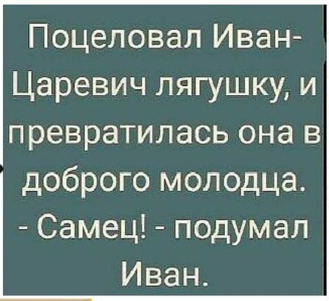 Поцеловал Иван Царевич лягушку и превратилась она в доброго молодца Самец подумал Иван